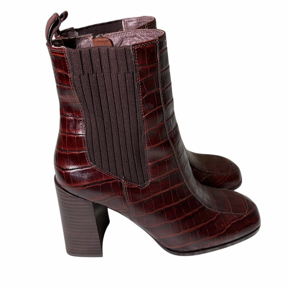 Deltan Mahogany Brown Crocodile Embossed Leather Block Heel Boots Size 7.5 - Picture 2 of 11